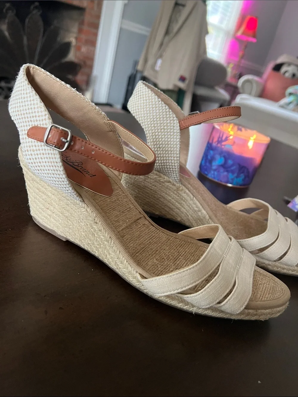 Lucky Brand Mindra boho cream Espadrille Wedge Brown Ankle Strap Size 10 NEW